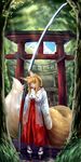  absurdres animal_ear_fluff animal_ears blonde_hair blue_eyes chihaya_(clothing) fox_ears fox_girl_(jaco) fox_tail highres huge_weapon jaco japanese_clothes large_tail miko nagamaki original see-through short_hair_with_long_locks shrine sidelocks solo tail torii weapon 