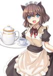  :d animal_ears apron bad_id bad_twitter_id blue_eyes blush brown_hair cat_ears cup looking_at_viewer maid maid_headdress miya_(tokumei) open_mouth original ribbon short_hair smile solo teacup teapot tray white_background 