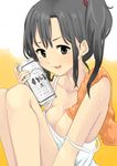  :p alcohol bad_id bad_pixiv_id beer beer_can black_eyes black_hair breasts can can_to_cheek cleavage collarbone large_breasts morina_nao original side_ponytail sitting solo strap_slip tongue tongue_out towel 