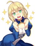  1girl :d ahoge aqua_eyes artoria_pendragon_(all) blonde_hair clenched_hands dress fate/stay_night fate_(series) kibanda_gohan looking_at_viewer open_mouth round_teeth saber short_hair simple_background smile solo sparkle sparkling_eyes teeth white_background 