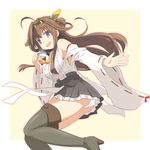  :d ahoge bare_shoulders black_skirt boots brown_hair cup detached_sleeves double_bun frilled_skirt frills hairband headgear japanese_clothes kantai_collection kongou_(kantai_collection) kugui_kiyunemu lace lace-trimmed_thighhighs long_hair looking_at_viewer nontraditional_miko open_mouth outstretched_hand panties pantyshot pleated_skirt purple_eyes ribbon-trimmed_sleeves ribbon_trim skirt smile solo teacup thigh_boots thighhighs underwear white_panties 