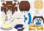  :d armband artist_name bikini blue_skirt blush breasts brown_hair character_name chibi el_joey hair_ribbon highres kita_high_school_uniform medium_breasts open_mouth orange_eyes paper_cutout papercraft ribbon school_uniform serafuku skirt smile solo striped striped_bikini striped_swimsuit suzumiya_haruhi suzumiya_haruhi_no_yuuutsu sweater swimsuit watermark web_address 