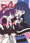  black_dress blue_eyes blue_hair blush_stickers bow crossover dress feli_(puyopuyo) hair_bow hair_ribbon honekoneko_(psg) long_hair look-alike multicolored_hair multiple_girls panty_&amp;_stocking_with_garterbelt pink_hair purple_hair puyopuyo ribbon stocking_(psg) striped striped_legwear stuffed_animal stuffed_cat stuffed_toy thighhighs two-tone_hair walrus-ruin 