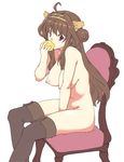  ahoge arm_support between_legs black_eyes breasts brown_hair brown_legwear chair double_bun eating feet_out_of_frame food fruit hand_between_legs kantai_collection kongou_(kantai_collection) large_breasts lemon long_hair looking_at_viewer nakadori_(movgnsk) nipples nude sitting solo thighhighs white_background 
