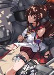  breasts brown_eyes brown_hair cherry_blossoms dappled_sunlight detached_sleeves kantai_collection large_breasts long_hair looking_up machinery petals ponytail single_thighhigh sitting skirt solo sunlight thigh_strap thighhighs tsuuhan turret very_long_hair yamato_(kantai_collection) 