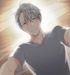  1boy artist_name blue_eyes blurry bokeh depth_of_field gearous grey_hair light_smile looking_at_viewer looking_down male_focus shirt short_hair smile upper_body viktor_nikiforov white_shirt yuri!!!_on_ice 