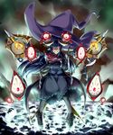  axe black_hair broken_ground crossed_arms dress floating floating_object full_body glowing glowing_eyes grin hat headphones highres horned_girl_(jaco) horns jaco knife long_hair looking_at_viewer original polearm red_eyes smile solo standing weapon witch_hat 