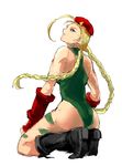  80yakky ass bare_shoulders blonde_hair blue_eyes bodypaint boots braid cammy_white camouflage from_behind gloves green_leotard halterneck knee_boots kneeling leotard long_hair looking_at_viewer solo street_fighter twin_braids 