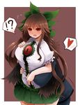  1boy 1girl ? arano_oki blush bow breasts brown_hair hair_bow heart hetero hug hug_from_behind large_breasts long_hair red_eyes reiuji_utsuho spoken_exclamation_mark spoken_heart spoken_question_mark touhou very_long_hair wide_hips 