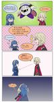  2boys 4koma anger_vein blonde_hair blue_eyes blue_hair blush cape chibi choke_hold comic directional_arrow fire_emblem fire_emblem:_kakusei flat_chest green_eyes highres hotatechoco_(hotariin) kirby_(series) long_hair long_sleeves lucina mask meta_knight monado multiple_boys short_hair shoulder_pads shulk solid_oval_eyes strangling super_smash_bros. sword tiara translated vest weapon xenoblade_(series) xenoblade_1 yellow_eyes 