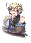  1girl bare_shoulders blonde_hair blush bottle drunk green_eyes highres mizuhashi_parsee ninonini open_mouth pointy_ears short_hair solo touhou 
