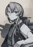  gloves hetza_(hellshock) kantai_collection long_hair looking_at_viewer mecha_musume monochrome necktie nowaki_(kantai_collection) school_uniform smile solo tie_clip vest 