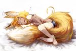  animal_ear_fluff animal_ears bare_shoulders barefoot between_legs blonde_hair closed_eyes ear_twitch fang fox_ears fox_girl_(jaco) fox_tail jaco large_tail lying motion_lines on_side open_mouth original shirt short_hair sleeping smile solo tail 