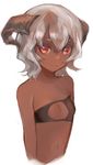  bandeau bare_shoulders breasts cleavage cleavage_cutout dark_skin eyebrows gmanee grey_hair highres horns looking_at_viewer navel original red_eyes short_eyebrows short_hair sketch small_breasts smile solo strapless upper_body white_background 