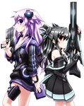  adult_neptune bangle bare_shoulders black_hair blush bow bracelet breasts choujigen_game_neptune_mk2 collar cowboy_shot d-pad d-pad_hair_ornament dress elbow_gloves fingerless_gloves gloves gun hair_bow hair_ornament handgun holster hood hooded_track_jacket jacket jewelry long_hair medium_breasts mizunashi_(second_run) multiple_girls neptune_(series) open_mouth pistol purple_eyes purple_hair red_eyes shin_jigen_game_neptune_vii simple_background thigh_holster track_jacket trigger_discipline two_side_up uni_(choujigen_game_neptune) weapon white_background 