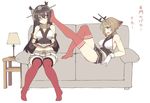  2girls bare_shoulders bespectacled black-framed_glasses black_hair book breasts brown_eyes brown_hair couch elbow_gloves foot_on_head glasses gloves headgear kantai_collection long_hair multiple_girls mutsu_(kantai_collection) nagato_(kantai_collection) nakadori_(movgnsk) no_shoes open_mouth reading red_eyes red_legwear sitting skirt thighhighs white_gloves 