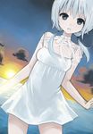  aqua_hair bad_id bad_pixiv_id black_eyes cloud dress dutch_angle morina_nao original sky solo sunset twintails water 