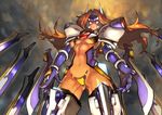  armor blazblue blonde_hair blue_eyes breasts floating_swords glowing glowing_eyes large_breasts mecha_musume mu-12 navel solo strapless_bottom underboob unizama 