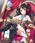  black_hair black_legwear brown_gloves corset crossed_legs dress drill_hair gloves jewelry long_hair looking_at_viewer necklace official_art parted_lips pointy_ears red_eyes shadowverse shingeki_no_bahamut sitting solo staff thighhighs throne twintails watermark white_dress wings yappen 