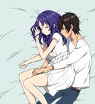  1girl black_hair blue_hair casual highres hiradaira_chisaki kihara_tsumugu long_hair lying mofu_shougun nagi_no_asukara on_side short_hair sleeping 