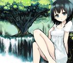  bad_id bad_pixiv_id bare_legs black_hair blue_eyes blush dress morina_nao original sitting solo tree water waterfall 
