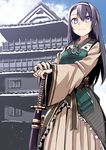  architecture armor black_hair blue_eyes breastplate castle cloud day east_asian_architecture faulds hairband headband higashikurokawa_(oshiro_project) highres ichifuji_nitaka_(phase_nine) japanese_armor japanese_clothes katana kimono long_hair looking_at_viewer oshiro_project shoulder_armor sky sode solo sword weapon 