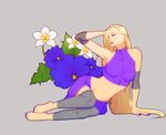  1girl arm_up armpits bare_shoulders barefoot blonde_hair fishnets flower gabzillaz grey_background hair_over_one_eye long_hair lying midriff naruto naruto:_the_last navel on_side skirt sleeveless solo szajnie yamanaka_ino 