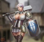 armor blue_eyes breasts cleavage curvy dark_blood_online garter_belt knight large_breasts lavender_hair leg_strap looking_at_viewer lvl_(sentrythe2310) mace shield short_hair smile solo thighhighs warrior weapon wide_hips 