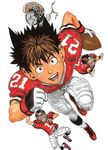  3boys black_hair blonde_hair brown_hair eyeshield eyeshield_21 football football_uniform helmet hiruma_youichi kobayakawa_sena kurita_ryokan multiple_boys murata_yuusuke official_art smile sportswear uniform white_background 