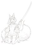  animal_ear_fluff animal_ears bare_legs barefoot bike_shorts fox_ears fox_girl_(jaco) fox_tail jaco kitsune kneeling large_tail long_hair looking_at_viewer monochrome nagamaki open_mouth original solo sweater tail weapon 