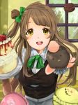  :d apron bangs beniko08 blunt_bangs blush brown_hair cake dessert food fruit hair_ribbon highres holding interior long_hair looking_at_viewer love_live! love_live!_school_idol_project macaron minami_kotori one_side_up open_mouth outstretched_arm parted_bangs ribbon short_sleeves smile solo strawberry waitress window yellow_eyes 