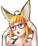  animal_ears blonde_hair blue_eyes fox_ears fox_girl_(jaco) glasses jaco open_mouth original short_hair short_hair_with_long_locks sidelocks simple_background solo upper_body white_background 