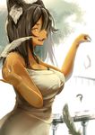  animal_ears bare_shoulders black_hair breasts brown_eyes cat_ears feathers large_breasts long_hair looking_at_viewer nekomusume_(pekoneko) original pekoneko smile solo tank_top 