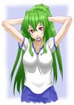  adjusting_hair arms_behind_head blush breasts cowboy_shot green_hair gym_uniform hairband_removed jitsu_wa_watashi_wa large_breasts long_hair mouth_hold ponytail red_eyes shiragami_youko solo tsukuan vampire very_long_hair 