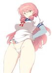  akashi_(kantai_collection) arms_behind_back breasts cowboy_shot from_below hair_ribbon highleg highleg_panties kantai_collection large_breasts long_hair looking_at_viewer nakadori_(movgnsk) navel no_pants panties pink_hair ribbon school_uniform serafuku shirt_lift sidelocks solo tongue underwear very_long_hair white_background white_panties 