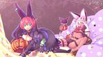  2girls arc_system_works beltbra breasts candy chocolate coat creature dark_skin dress elphelt_valentine green_eyes guilty_gear guilty_gear_xrd halloween hat multiple_girls pumkin ramlethal_valentine red_hair short_shorts shorts spider spider_web underboob web wedding_dress white_hair 