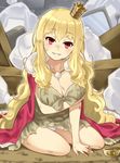  arm_support blonde_hair blush breast_hold breasts cape cleavage collarbone crown dirty fur_trim homeless large_breasts long_hair looking_at_viewer original panties pink_eyes rags smile solo trash_bag ug_(nekonekodou) underwear very_long_hair white_panties 