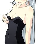  animal_ears areola_slip areolae bare_shoulders bunnysuit collarbone covered_navel hair_ribbon head_out_of_frame highres jito_mesuki_nitouhei kantai_collection long_hair looking_at_viewer murakumo_(kantai_collection) ribbon sidelocks silver_hair solo very_long_hair white_background 