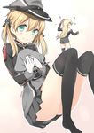  ? absurdres anchor_hair_ornament artist_name bismarck_(kantai_collection) black_legwear blonde_hair blush clothes_theft gloves gradient gradient_background grey_legwear hair_ornament hat hat_hug hat_removed headwear_removed highres kantai_collection long_hair long_sleeves looking_at_viewer military military_uniform multiple_girls no_shoes peaked_cap prinz_eugen_(kantai_collection) ryuki_(ryukisukune) searching short_hair simple_background smile theft thighhighs twintails uniform white_gloves 