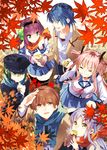  3girls angel_beats! autumn food hat hinata_(angel_beats!) long_hair multiple_boys multiple_girls naoi_ayato otonashi_(angel_beats!) scarf school_uniform serafuku shinda_sekai_sensen_uniform short_hair sweet_potato takumi_(scya) tenshi_(angel_beats!) thighhighs yui_(angel_beats!) yuri_(angel_beats!) 