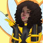  1girl bee bee_costume black_hair bodysuit brown_eyes bumble_bee chin_rest curly_hair dark_skin dc_comics gloves insect_wings karen_beecher smile solo wings yellow_background 