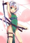  alternate_costume arm_up armpits bare_arms bare_shoulders china_dress chinese_clothes dress gauntlets green_dress green_eyes hair_ribbon highres holster katana knife konpaku_youmu konpaku_youmu_(ghost) mizuki_ryuu no_panties open_mouth petals ribbon side_slit silver_hair sleeveless sleeveless_dress smile solo sword thigh_holster touhou weapon 