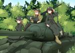  3girls artist_name charlotte_e_yeager club_(shape) dated day forest ground_vehicle helmet highres lynette_bishop m1_helmet m4_sherman medium_tank military military_uniform military_vehicle miyafuji_yoshika motor_vehicle multiple_girls nature signature stormcow strike_witches tank tree uniform world_war_ii world_witches_series 