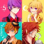  3boys 5 @ androgynous bad_deviantart_id bad_id bandage_over_one_eye bangs bib blonde_hair blood blood_on_face blood_on_fingers bloody_clothes blue_eyes bonnie_(fnaf) bow bowtie brown_hair chica copyright_name ear_piercing fang five_nights_at_freddy's foxy_(fnaf) freddy_fazbear hat hook_hand masajisan microphone moon multiple_boys musical_note number open_mouth personification piercing pointy_ears puffy_sleeves purple_eyes purple_hair red_eyes red_hair short_hair smile spiked_hair top_hat watermark yellow_eyes 