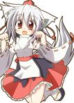  animal_ears bare_shoulders breasts fang hat inubashiri_momiji long_sleeves looking_at_viewer medium_breasts open_mouth paw_pose pom_pom_(clothes) red_eyes ribbon-trimmed_sleeves ribbon_trim short_hair silver_hair simple_background solo suzukishi tail tokin_hat touhou white_background wolf_ears wolf_tail 