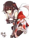  aosaki_yukina bangs black_eyes black_gloves black_hair black_legwear elbow_gloves gloves hair_ribbon kantai_collection kneeling red_ribbon remodel_(kantai_collection) ribbon scarf sendai_(kantai_collection) short_hair single_thighhigh sketch solo thighhighs translation_request two_side_up white_background white_scarf 