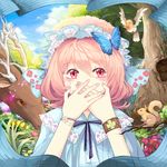  adapted_costume animal bracelet bug butterfly cherry_blossoms commentary covering_mouth faux_traditional_media flower hat insect japanese_clothes jewelry nail_polish nature pink_eyes pink_hair saigyouji_yuyuko short_hair siam_(meow13) solo squirrel touhou tree 
