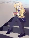  absurdres ahoge black_legwear blonde_hair blush bow bowtie chaos;head handheld_game_console highres loafers long_hair namaniku_atk nishijou_nanami pantyhose playstation_portable school_uniform shoes sitting sitting_on_stairs skirt smile solo stairs thighhighs 