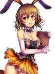  :d animal_ears bare_shoulders blush breasts brown_hair bunny_ears cleavage cowboy_shot detached_collar elbow_gloves fake_animal_ears gloves hairband idolmaster idolmaster_cinderella_girls kara_(color) large_breasts looking_at_viewer md5_mismatch menu namiki_meiko open_mouth orange_eyes panties pantyshot polka_dot polka_dot_panties short_hair skirt smile solo underwear white_background white_gloves 