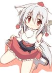  animal_ears bare_shoulders blush breasts fang hat inubashiri_momiji long_sleeves looking_at_viewer medium_breasts open_mouth pom_pom_(clothes) red_eyes ribbon-trimmed_sleeves ribbon_trim short_hair silver_hair simple_background solo suzukishi tail tokin_hat touhou white_background wolf_ears wolf_tail 